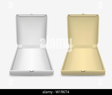 Vettore 3D realistici in bianco in bianco e marrone aperto Scatola pizza template impostare Closeup isolati su sfondo bianco. Mockup per Logo, Corporate Design. Parte superiore Illustrazione Vettoriale