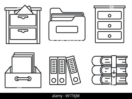 Archivio Biblioteca set di icone. Set outline della libreria archivio icone vettoriali per il web design isolato su sfondo bianco Illustrazione Vettoriale