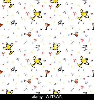 Seamless pattern design sfondo Sport con tema il vincitore di tazze di oro, argento, bronzo. Doodle stile colorato. Schizzo disegnare. Perfetto per i saluti, inv Illustrazione Vettoriale