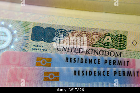 Regno Unito carte di BRP per Tier 2 visto di lavoro posizionata sulla parte superiore del Regno Unito Business vignetta visto nel passaporto. Close up foto. Foto Stock