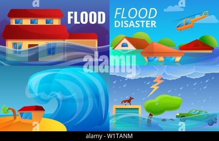 Inondazione banner set. Cartoon illustrazione dell alluvione vettore set di banner per il web design Illustrazione Vettoriale