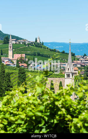 Vista del villaggio sulla strada del vino con molte chiese, Termeno, Alto Adige, Italia Foto Stock