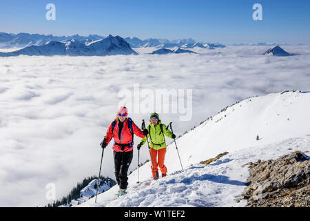 Due donne sci backcountry salendo verso Hinteres Sonnwendjoch, nebbia nella valle, Hinteres Sonnwendjoch, Alpi Bavaresi, Tirolo, Austria Foto Stock