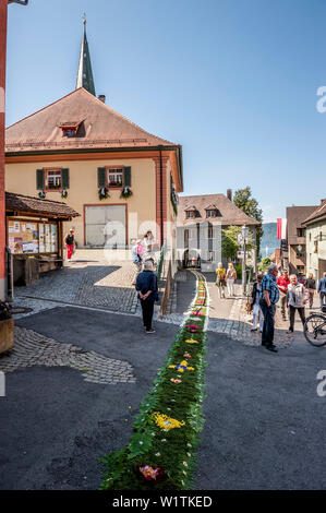 Il Corpus Domini, la festa della processione del Corpus Domini, tappeto di fiori, Sipplingen, Lago di Costanza, Baden-Wuerttemberg, Germania, Europa Foto Stock