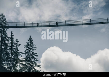 Escursionista sul ponte di sospensione a Holzgau, E5, Alpenüberquerung, seconda fase, Lechtal, Kemptner Hütte a Memminger Hütte, Tirolo, Austria, Alpi Foto Stock