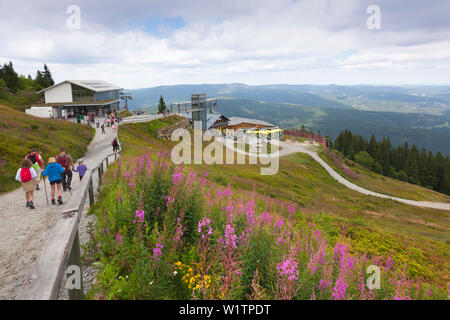 Escursionista presso il percorso verso la stazione superiore della Arber funivia, Arberschutzhaus e Eisensteiner Huette, Grosser Arber, Foresta Bavarese, in Baviera, Germa Foto Stock