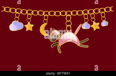 Collana in oro. Braccialetto di fascino. Catena con anelli gialli. Design con gatto rosa star, cielo notturno, cloud luna. Per creare stampe su bambini s abbigliamento, te Illustrazione Vettoriale