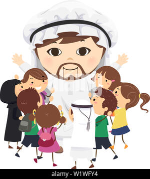 Illustrazione di Stickman Kids abbracciando una grande mascotte araba indossando Thawb Foto Stock