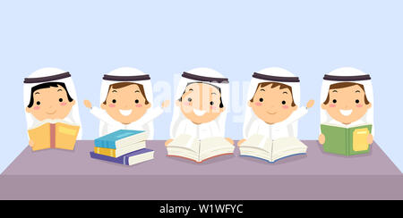 Illustrazione di Stickman Arab Kids bambino indossando Thawb in aula con libri Foto Stock