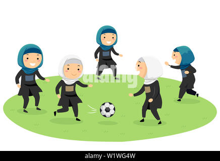 Illustrazione di Stickman Ragazzi Ragazze a giocare a calcio all'aperto Foto Stock