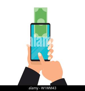 Business mani inviando denaro i telefoni cellulari wireless. Vector digital mobile wallet concetto vettoriale icona. Lo schermo dello smartphone con il portafoglio e il denaro su Illustrazione Vettoriale