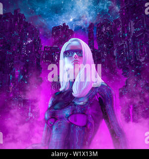 Neon di notte eroina / 3D illustrazione della bella donna bionda con occhiali da sole nel futuristico illuminate al neon cyberpunk city Foto Stock