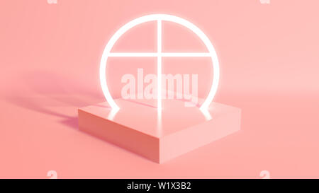 Un cubo rettangolare di base contenente un illuminato bianco neon crocifisso su un isolato rosa salmone studio ambiente - 3D render Foto Stock