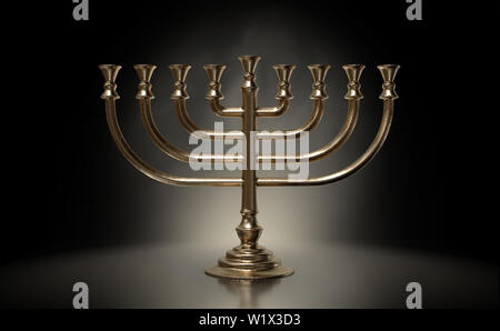 Un drammaticamente oro retroilluminato di colata di un ebreo menorah su sfondo scuro - 3D render Foto Stock