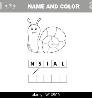 Pagina di colorazione contorno di cartoon lumaca. Illustrazione Vettoriale, libro da colorare per i bambini. Giochi didattici per bambini. Cruciverba Illustrazione Vettoriale