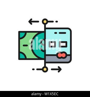 Vettore di schede di ricarica, banca ATM cash dispenser colore piatto icona linea. Illustrazione Vettoriale