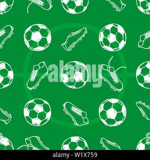 Il calcio palloni da calcio e stivali doodle seamless pattern. Illustrazione Vettoriale sfondo. Per la stampa tessile, web, home decor, moda, superficie graphi Illustrazione Vettoriale