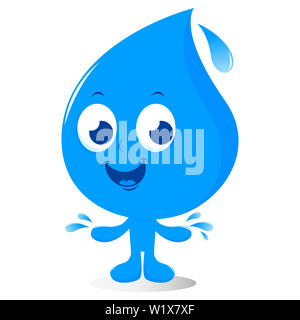 Carattere acqua blu. Carino cartone animato a goccia d'acqua su sfondo bianco. Mascotte Raindrop. Foto Stock