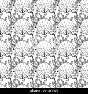 Zentangle stilizzata di conchiglie e di altri abitanti del mare seamless pattern. Disegnato a mano doodle acquatici illustrazione vettoriale. Illustrazione Vettoriale