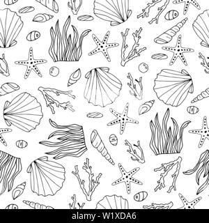 Zentangle stilizzata di conchiglie e di altri abitanti del mare seamless pattern. Disegnato a mano doodle acquatici illustrazione vettoriale. Illustrazione Vettoriale