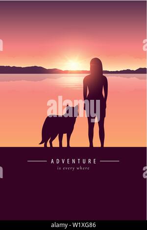 Ragazza e cane silhouette dal lago con il paesaggio di montagna al tramonto adventure design illustrazione vettoriale EPS10 Illustrazione Vettoriale