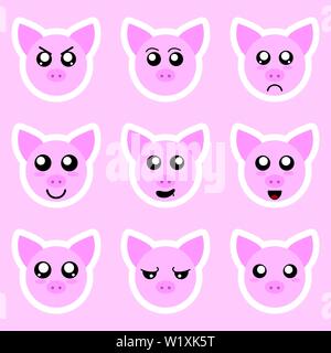 Set di adesivi di maiale. Le diverse emozioni ed espressioni. Adesivo in stile anime. Illustrazione di vettore per il design. Illustrazione Vettoriale
