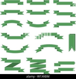 Nastro Verde impostare intestazioni, etichette isolati su sfondo bianco. Collezione di nastri 18. Illustrazione di vettore per il design. Illustrazione Vettoriale