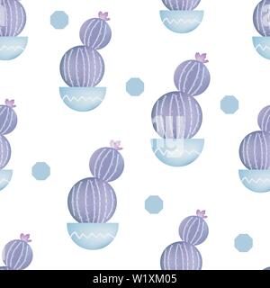Vector seamless pattern con cactus e cerchi. Carino violetta cactus. Ripetere disegnati a mano sullo sfondo. Illustrazione Vettoriale