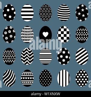 Set di uova di Pasqua. Uovo di diverse sagome con strisce, punti, cuori e modelli. Per i biglietti di auguri e inviti. Illustrazione Vettoriale. Illustrazione Vettoriale