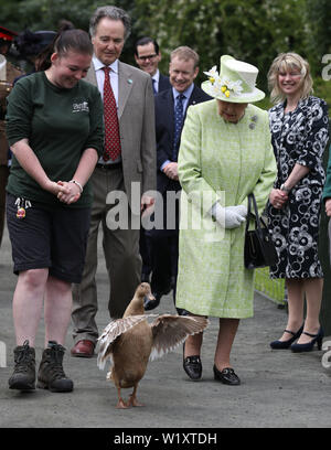 La regina Elisabetta II con il detentore Maia Gordon come Olive l anatra cammina accanto a loro durante una visita alla città di Gorgie agriturismo a Edimburgo. Foto Stock