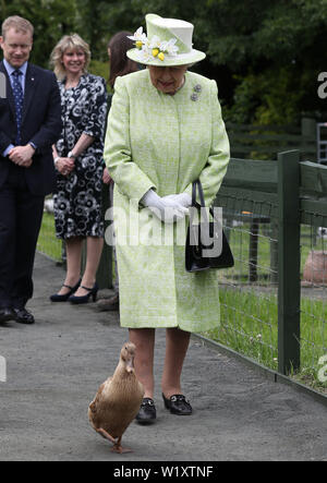 La regina Elisabetta II con il detentore Maia Gordon come Olive l anatra cammina accanto a loro durante una visita alla città di Gorgie agriturismo a Edimburgo. Foto Stock