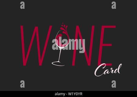 Bicchiere di vino con splash design del logo su sfondo nero. Icona del vettore, segno, simbolo di alcol. Modello per il menu, cafe, bar, ristorante, lista dei vini Illustrazione Vettoriale