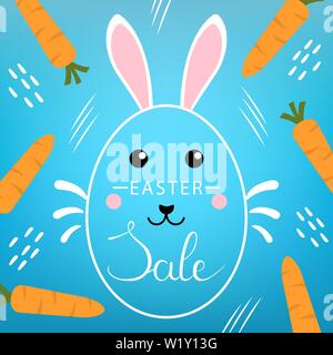 Sconto di pasqua con scritte iscrizione su sfondo blu. Simpatico coniglietto, carote e forme astratte. Per Pasqua banner, poster, volantini e brochure. Ve Illustrazione Vettoriale