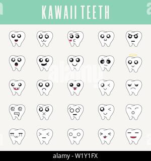 Carino piccoli denti in stile kawaii. Set di emoticon, gli Emoji icone. Pulito e moderno vettore illustrazione per la progettazione web. Illustrazione Vettoriale