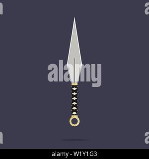 Kunai gettando il coltello e la relativa icona. Arma Ninja. Attrezzature di Samurai. In stile cartone animato. Pulito e moderno vettore illustrazione per la progettazione web. Illustrazione Vettoriale