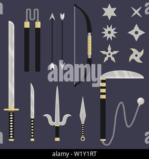 Arma Ninja set. Katana, sai, kunai, nunchacku, shuriken, kusarigama, arco e frecce. In stile cartone animato. Pulito e moderno vettore illustrazione per la progettazione, Illustrazione Vettoriale