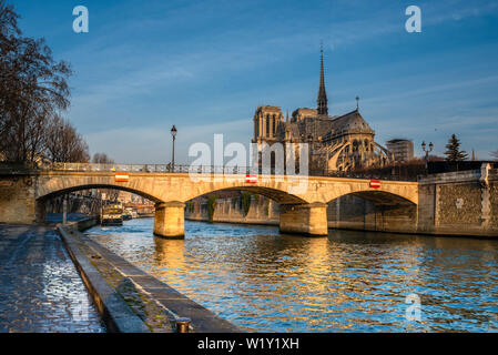 Luci nella parte anteriore della cattedrale di Notre Dame con nel tardo pomeriggio la luce del sole illuminando la cattedrale. Foto Stock