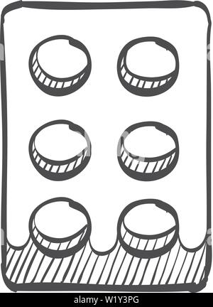 Icona di pillole in doodle disegna linee. Vitamina medicina farmaci antidolorifico dipendenza blister Illustrazione Vettoriale