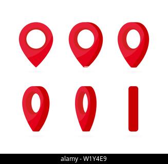 Set di rotazione verticale rosso i contrassegni di posizione. Puntatore Mappa 3d il pin. Posizione realistica simbolo punto sprite per fotogrammi di animazione. Utilizzare nello sviluppo di videogiochi Illustrazione Vettoriale