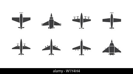 Set di diversi simboli di aereo. Aeromobili, piano icone o segni concetto. Illustrazione Vettoriale