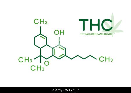Il THC formula molecolare. Molecola di tetraidrocannabinolo la struttura su sfondo bianco. Illustrazione Vettoriale