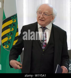 Leipzig, Germania. 04 Luglio, 2019. Michael D. Higgins, presidente dell'Irlanda, parla nel Paulinerkirche, la Chiesa dell'Università dell'Università di Lipsia. Il Presidente irlandese è su una tre giorni di visita di Stato in Germania. Credito: Pietro Endig/dpa-Zentralbild/dpa/Alamy Live News Foto Stock