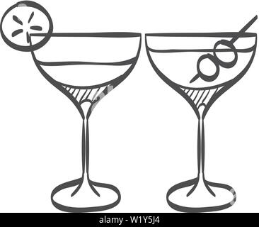 Bicchiere da vino icona nel doodle disegna linee. Celebrazione giovane bevendo Martini cocktail Illustrazione Vettoriale