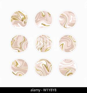 Set di vettore di evidenziare copre gli sfondi. Modelli di progettazione di icone per i social media storie. Emblemi rotondo di marmo rosa e il colore dell'oro. Uso come una dif Illustrazione Vettoriale