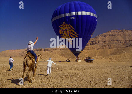 Volo in mongolfiera sopra la Valle dei Re Luxor Egitto. Un turista segue il palloncino di camelback. Foto: © Simon Grosset. Archivio: digi immagine Foto Stock