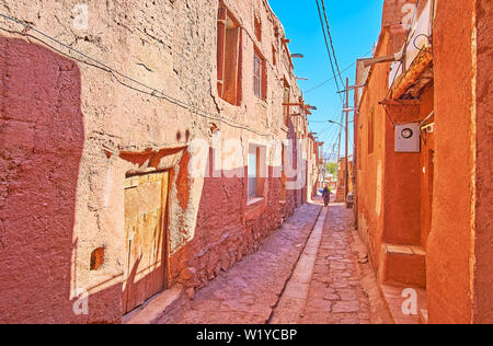 La stretta strada ombreggiata di Abyaneh village con conserva di vecchi edifici di rosso ocra di fango e pietre da Karkas montagne, Iran. Foto Stock