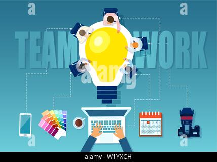 Lavoro di squadra concetto. Vettore di imprenditori, team creative brainstorming una nuova idea Illustrazione Vettoriale