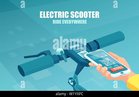 Vettore di un man mano con lo smartphone utilizzando mobile app per sbloccare il servizio di noleggio di scooter elettrico Illustrazione Vettoriale