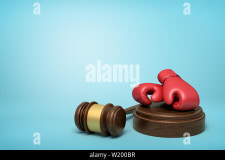 3D rendering di rosso i guantoni sulla rotonda di legno e legno bruno martello su sfondo blu Foto Stock