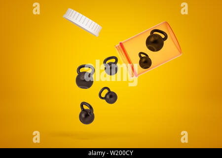 3D rendering di black kettlebells caduta da un vaso in plastica su sfondo giallo Foto Stock